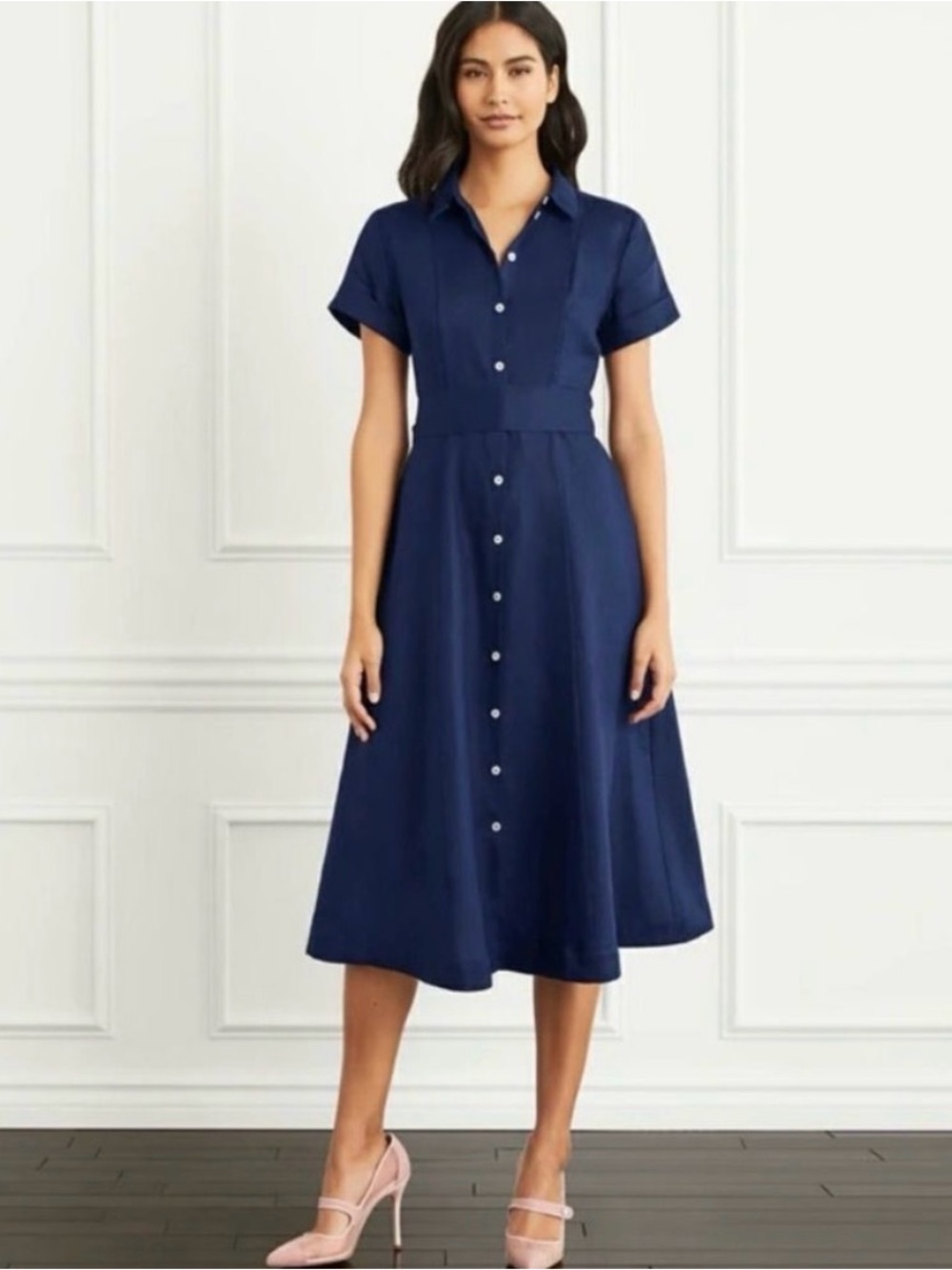 Hill House Navy Blue Button-Front Midi Dress with Waist Tie